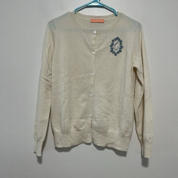 Jefferson Lane Ivory Cashmere Cardigan Blue Embroidered Flower Detail Size Small - Picture 1 of 6